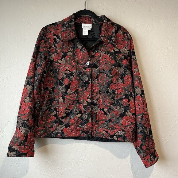 Coldwater Creek Red Embroidered Floral Corduroy Jacket Medium Holiday Gold Boho - Picture 1 of 11